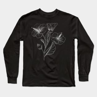 Hibiscus Line Art Black Background Long Sleeve T-Shirt